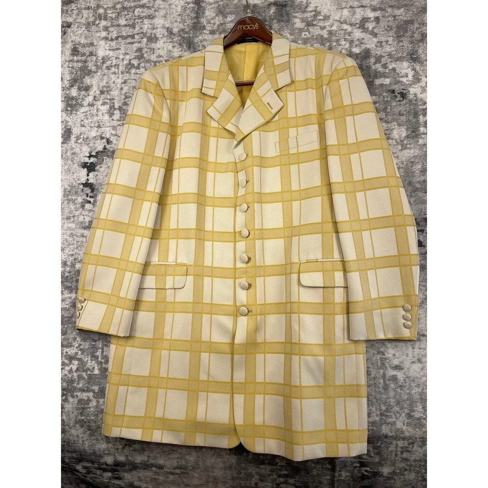 John‎ Raphael Platinum Men's 46L 38x32 Yellow Plaid 3 Piece Suit Milano Elegant